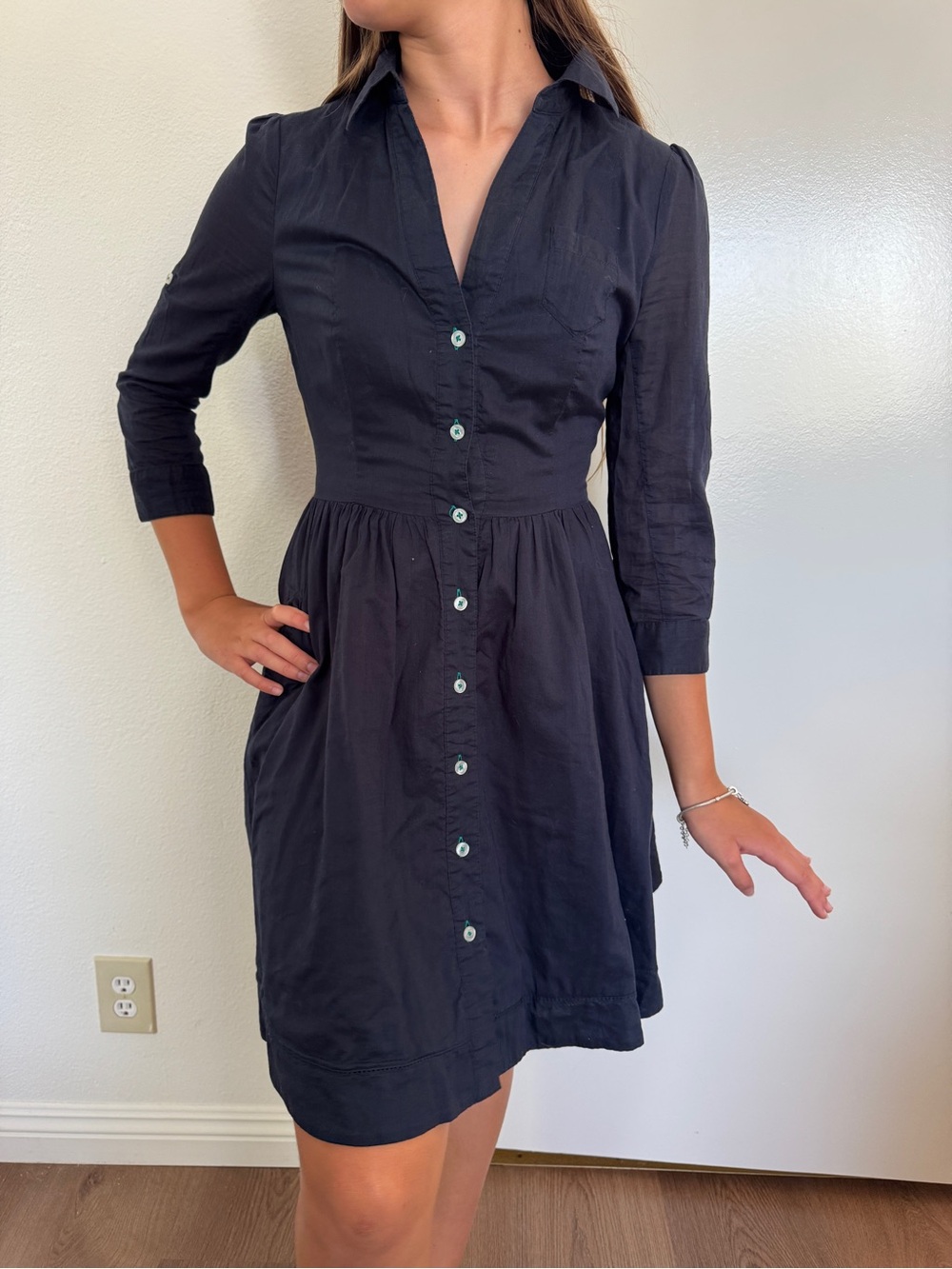 Moulinette Soeurs Navy Button-Front Midi Dress